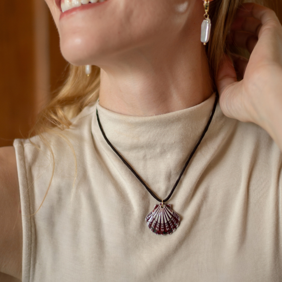 Dark Brown Mongolian Silk Adjustable Necklace with Burgundy Porcelain Shell Pendant