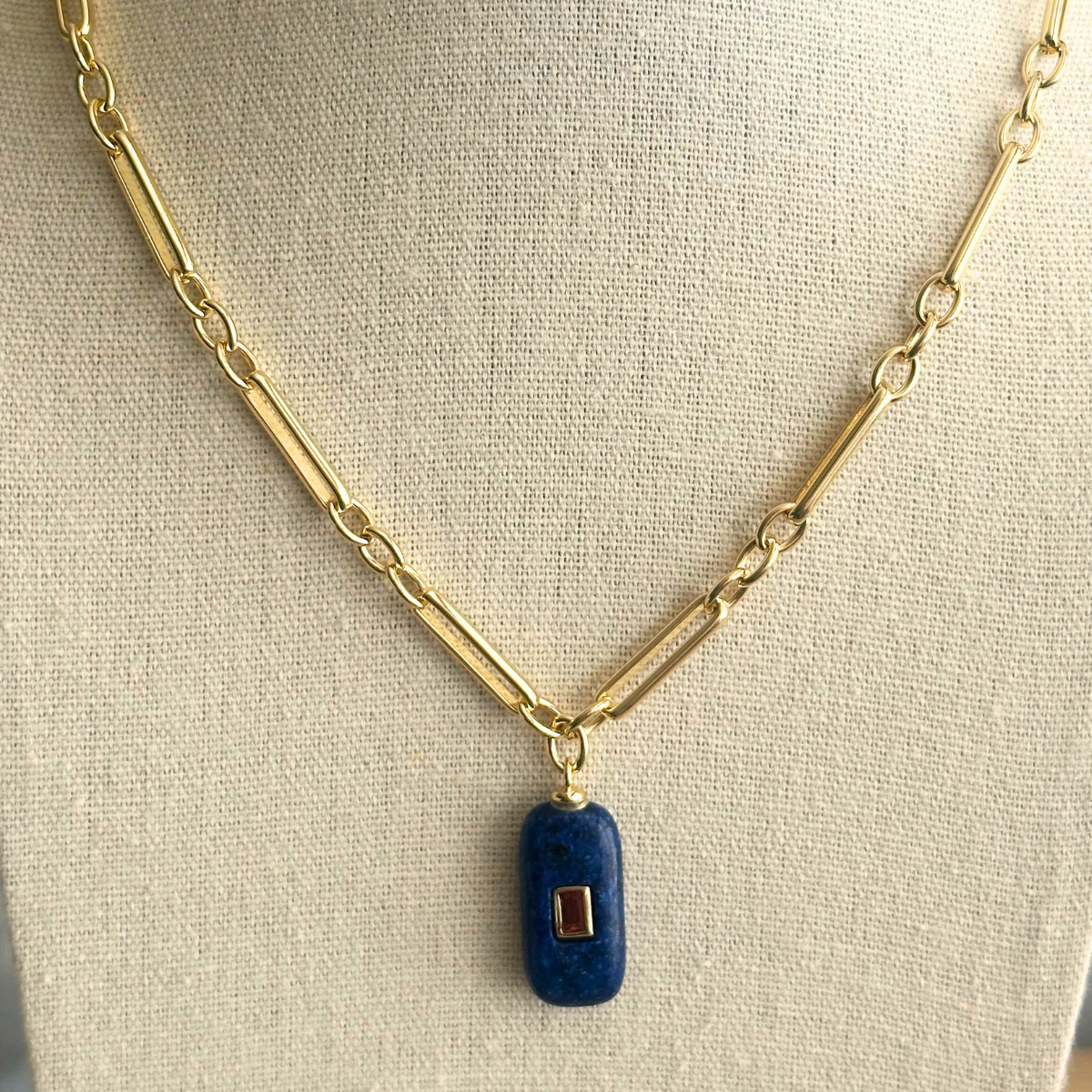 Rectangular Lapis Lazuli with Amber Cubic Zirconia Inlay Pendant Necklace