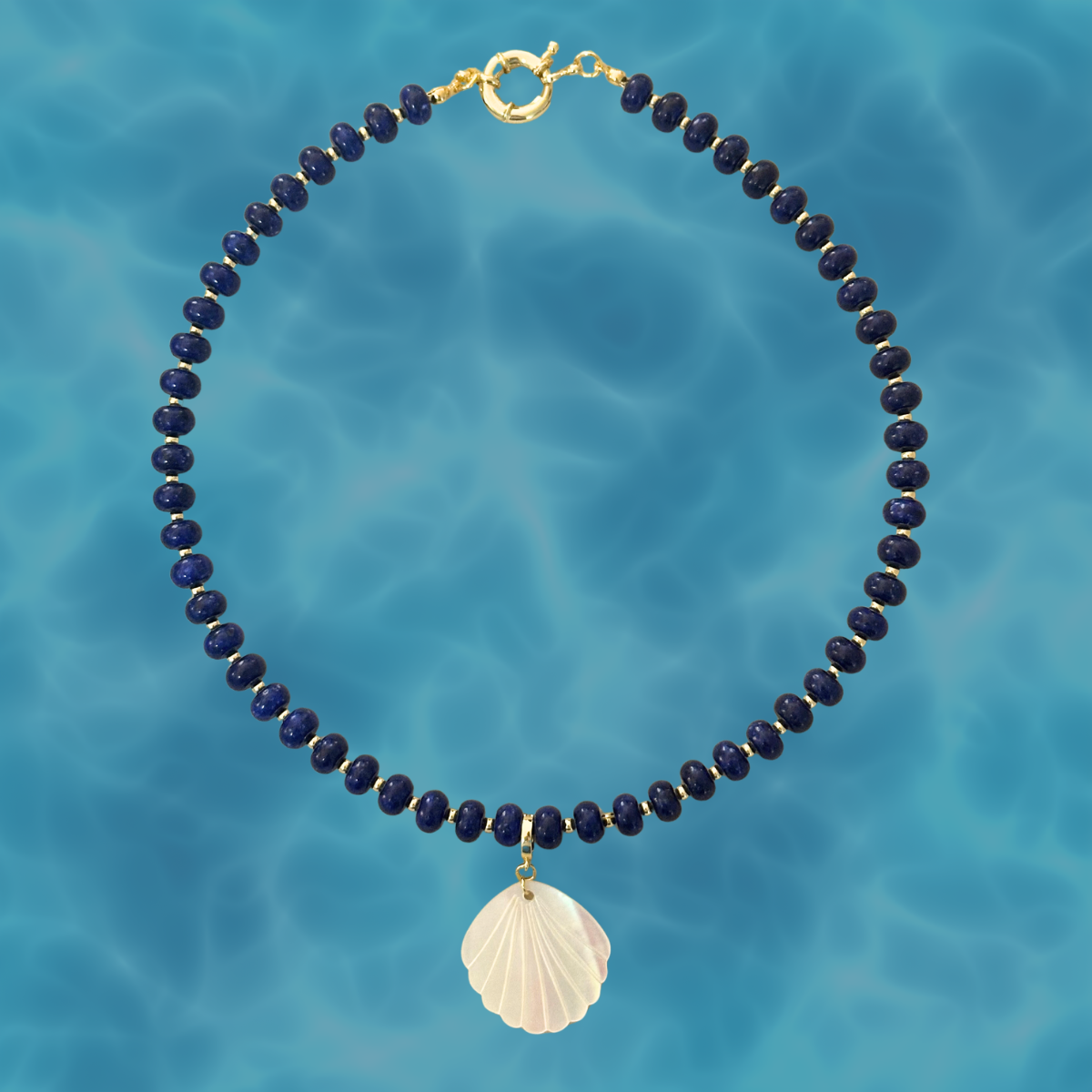Navy Blue Beaded Stone Necklace + Mother of Pearl Shell Clip-On Charm