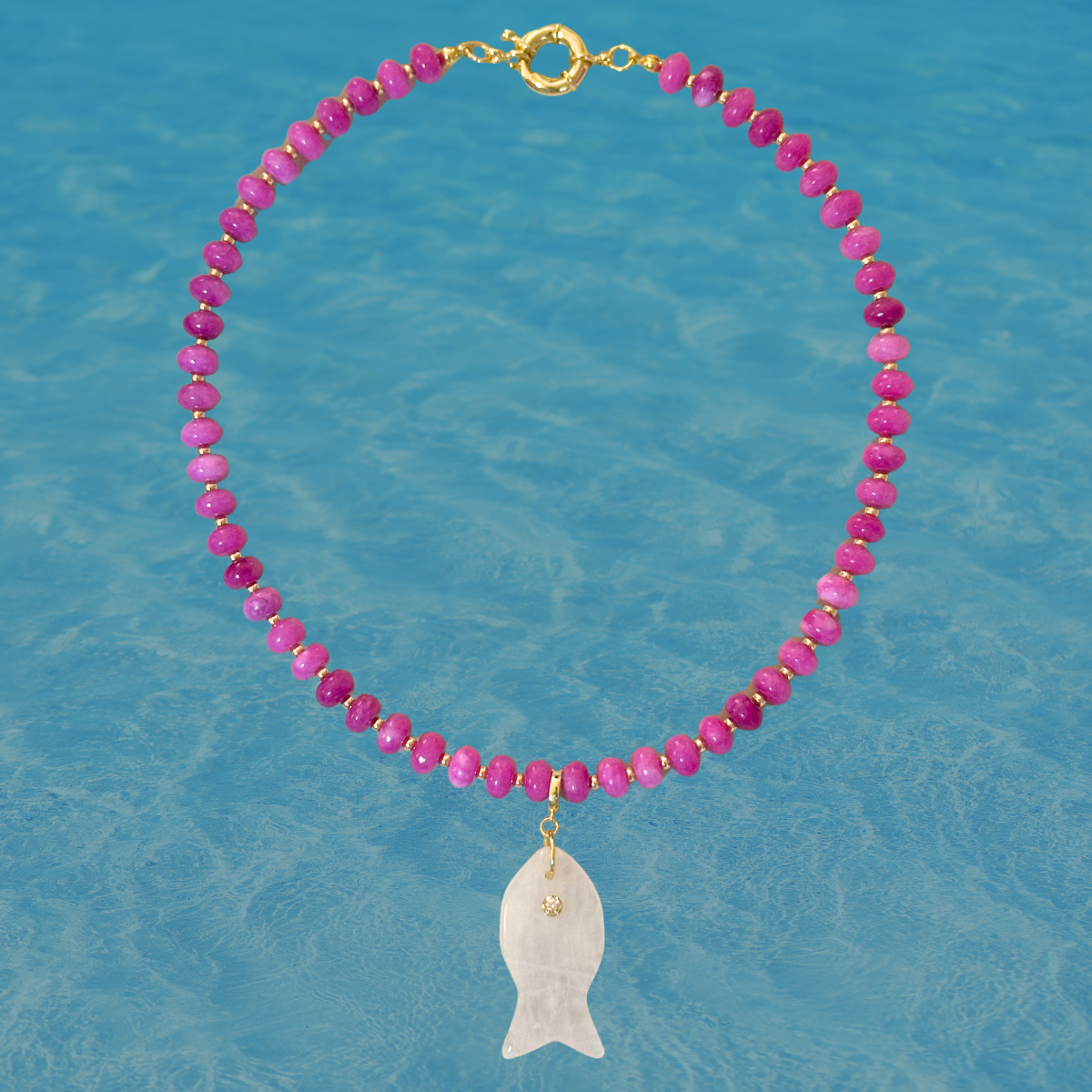 Pink Beaded Stone Necklace + Rose Quartz Fish Clip-On Charm