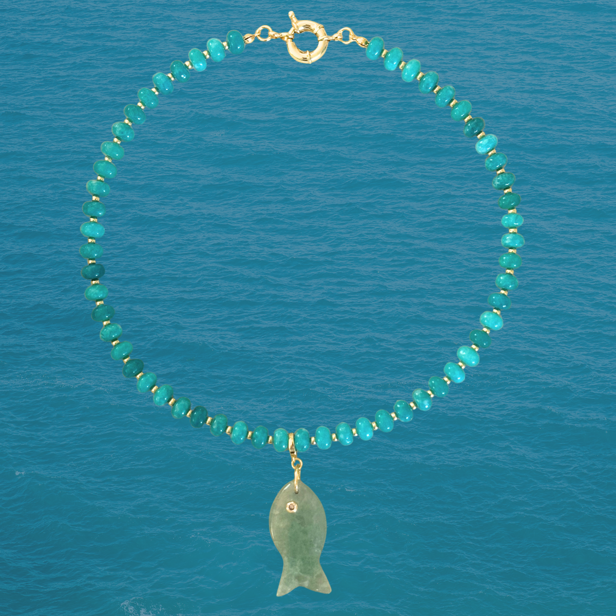 Turquoise Beaded Stone Necklace + Green Agate Fish Clip-On Charm
