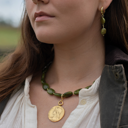 Green Opal + Antique Coin Necklace
