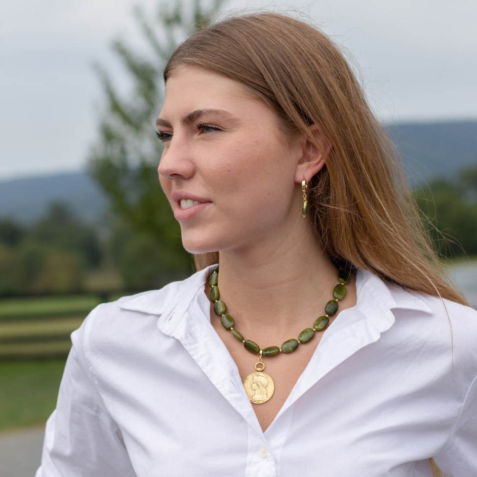 Green Opal + Antique Coin Necklace