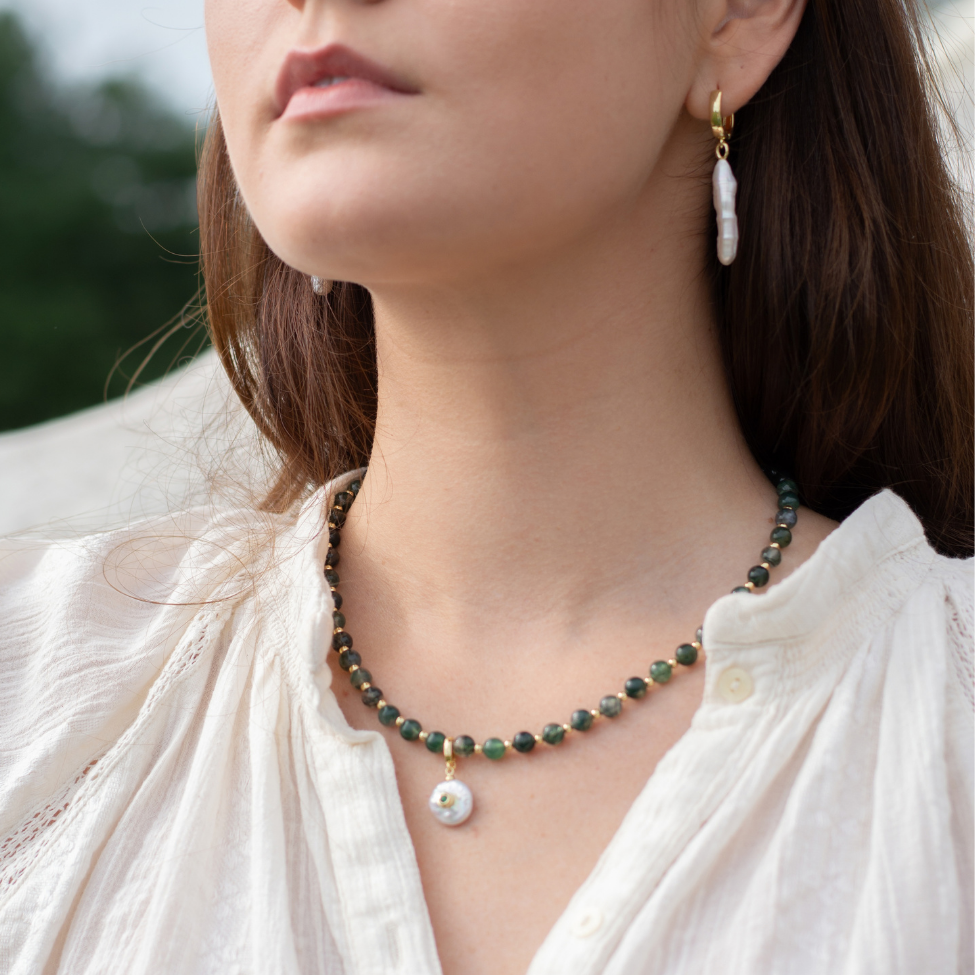 Moss Agate Necklace with Natural Freshwater Pearl Clip-On Charm