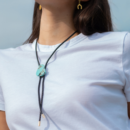 Black Leather and Natural Turquoise Stone Bolo Necklace