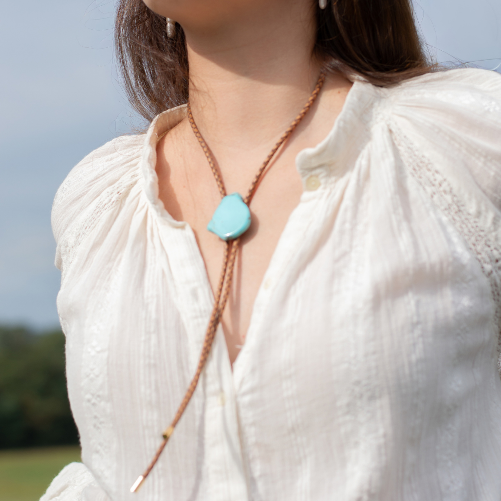 Brown Leather and Natural Turquoise Bolo Necklace