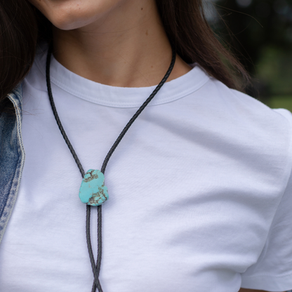 Black Leather and Natural Turquoise Stone Bolo Necklace