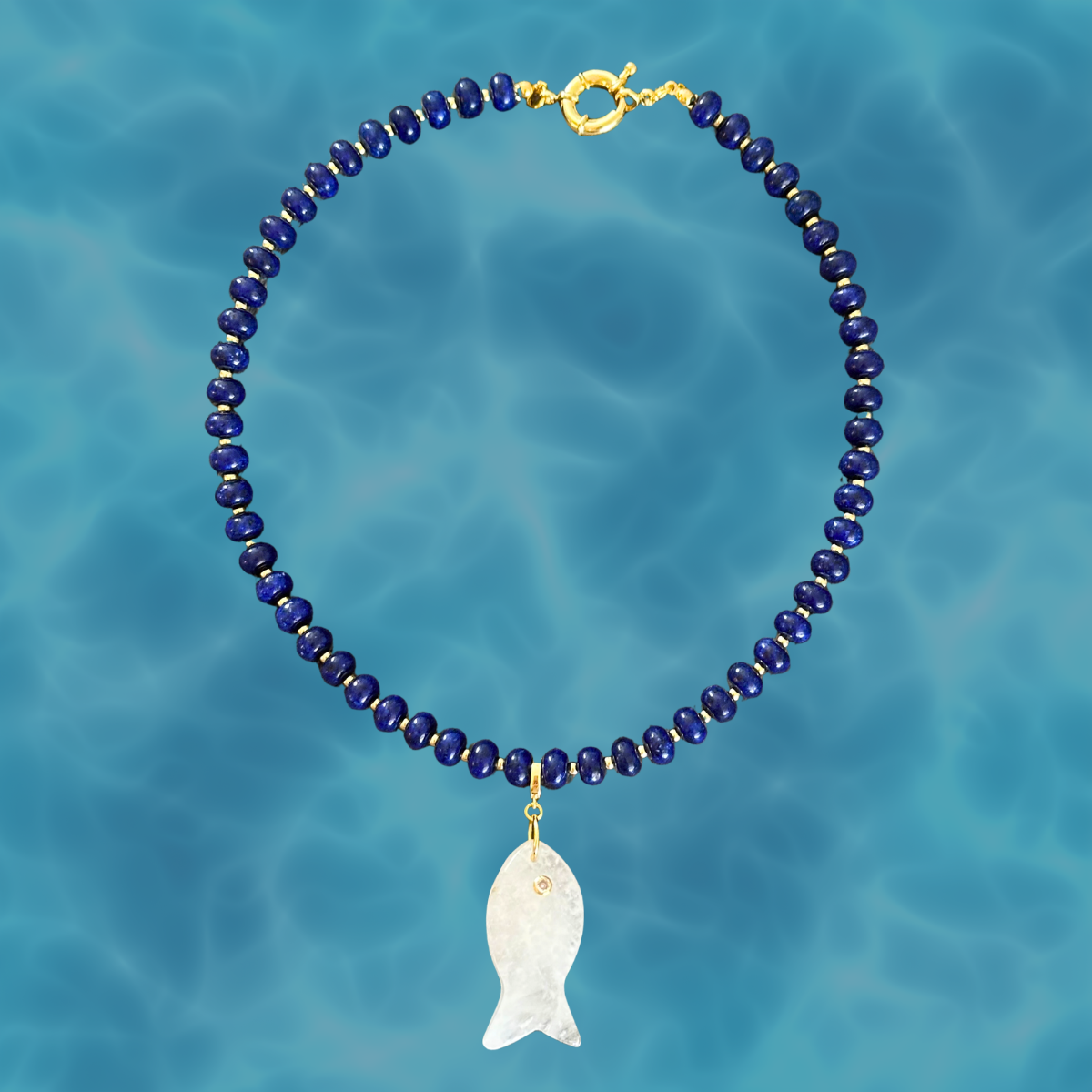 Navy Blue Beaded Stone Necklace + Clear Quartz Fish Clip-On Charm