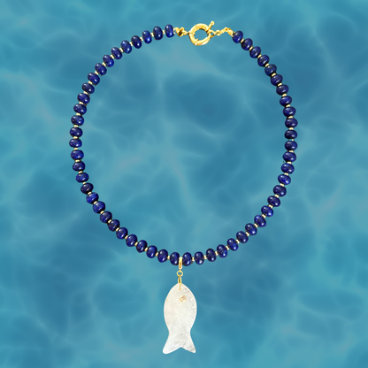 Navy Blue Beaded Stone Necklace + Clear Quartz Fish Clip-On Charm