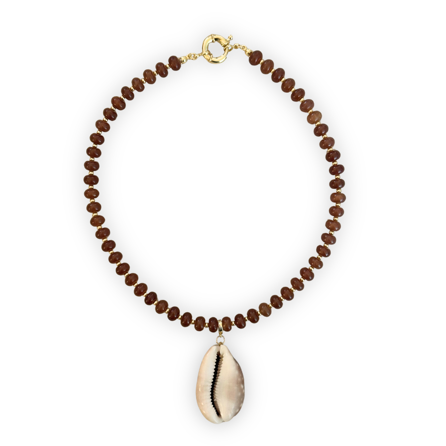 Brown Beaded Necklace and Deer Cowrie Clip-On Charm