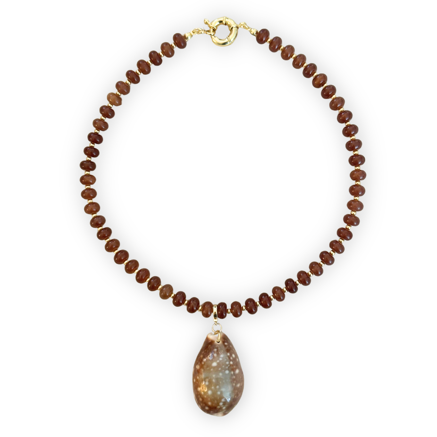 Brown Beaded Necklace and Deer Cowrie Clip-On Charm