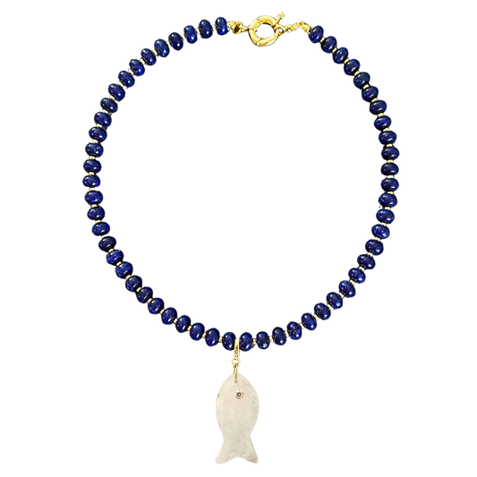 Navy Blue Beaded Stone Necklace + Clear Quartz Fish Clip-On Charm