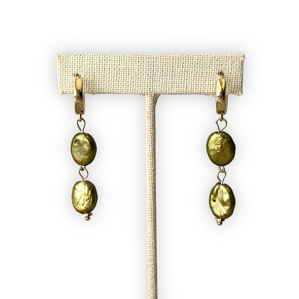 Natural Double Green Freshwater Pearl Dangle Earrings