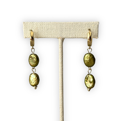 Natural Double Green Freshwater Pearl Dangle Earrings