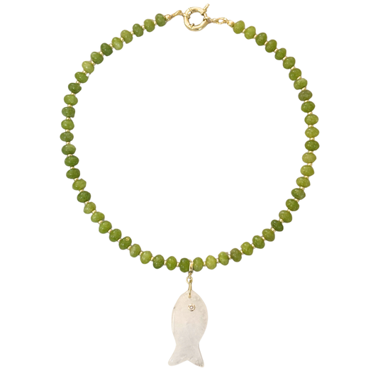 Green Beaded Stone Necklace + Clear Quartz Fish Clip-On Charm
