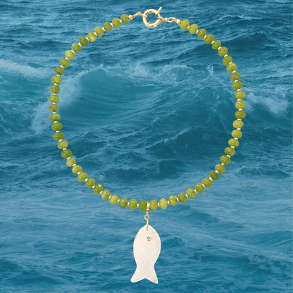 Green Beaded Stone Necklace + Clear Quartz Fish Clip-On Charm