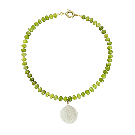 Green Beaded Stone Necklace + Mother of Pearl Shell Clip-On Charm