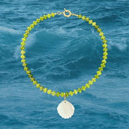 Green Beaded Stone Necklace + Mother of Pearl Shell Clip-On Charm