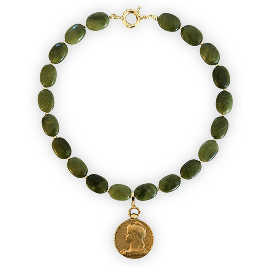 Green Opal + Antique Coin Necklace
