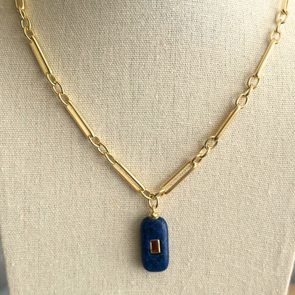 Rectangular Lapis Lazuli with Amber Cubic Zirconia Inlay Pendant Necklace