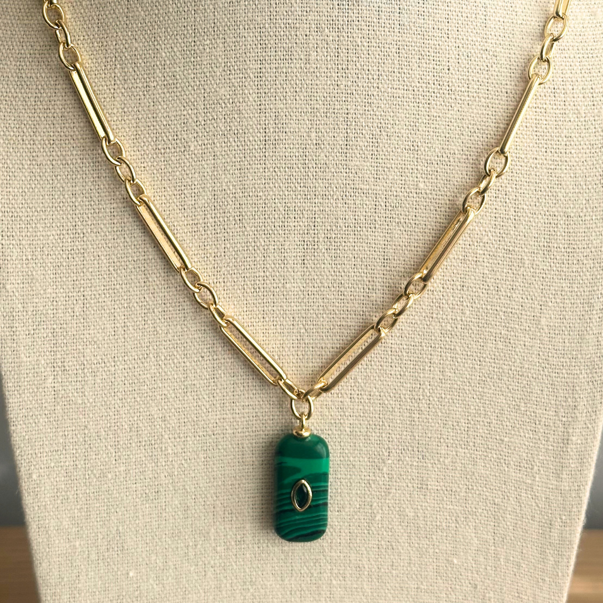 Rectangular Malachite with Green Cubic Zirconia Pendant Necklace