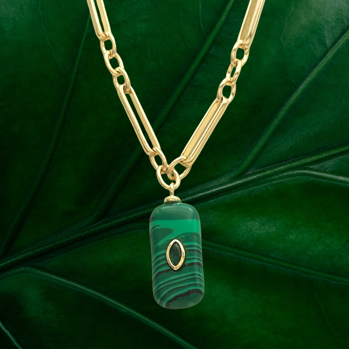 Rectangular Malachite with Green Cubic Zirconia Pendant Necklace