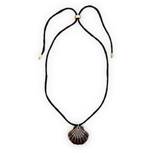 Dark Brown Mongolian Silk Adjustable Necklace with Burgundy Porcelain Shell Pendant