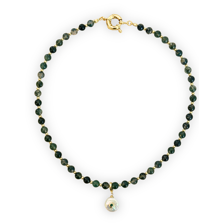 Moss Agate Necklace with Natural Freshwater Pearl Clip-On Charm
