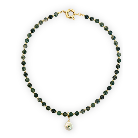 Moss Agate Necklace with Natural Freshwater Pearl Clip-On Charm