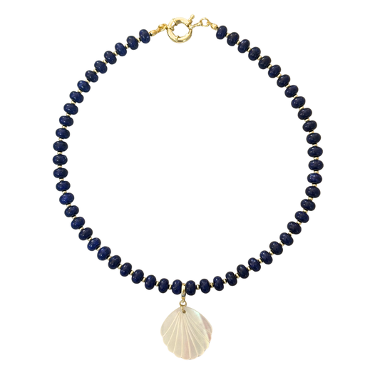 Navy Blue Beaded Stone Necklace + Mother of Pearl Shell Clip-On Charm