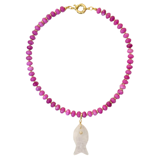 Pink Beaded Stone Necklace + Rose Quartz Fish Clip-On Charm