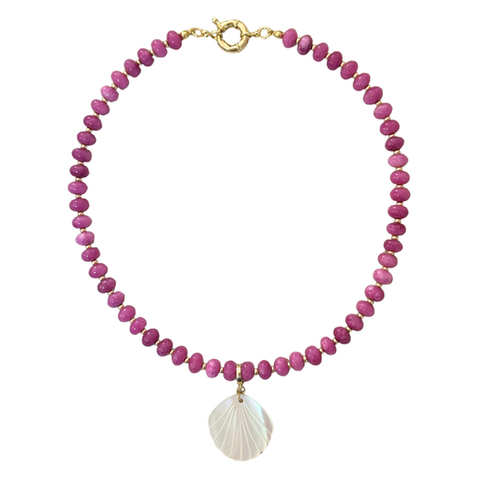 Pink Beaded Stone Necklace + Mother of Pearl Shell Clip-On Charm