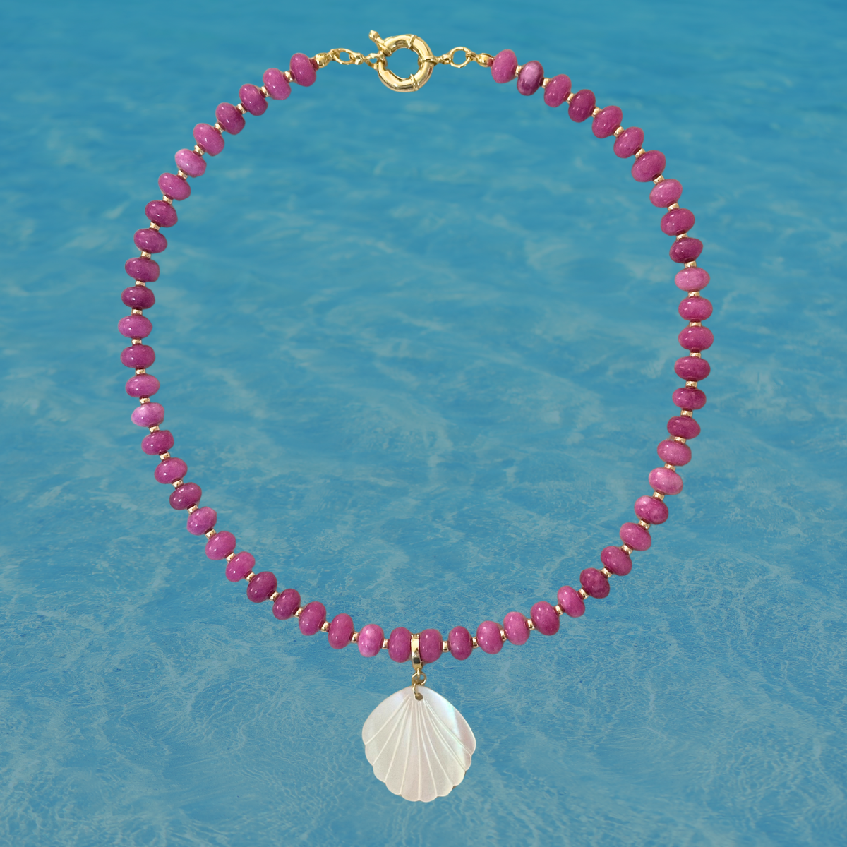 Pink Beaded Stone Necklace + Mother of Pearl Shell Clip-On Charm