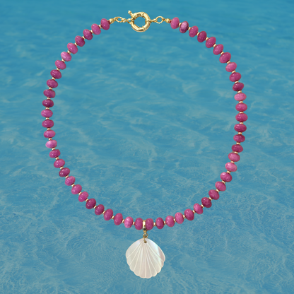 Pink Beaded Stone Necklace + Mother of Pearl Shell Clip-On Charm