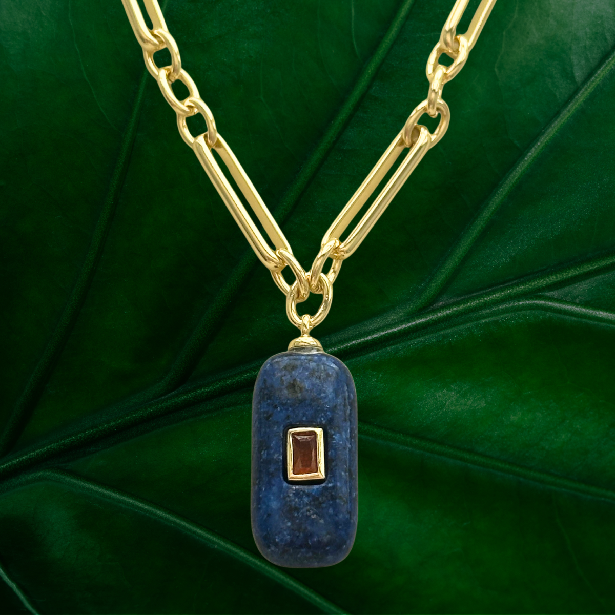 Rectangular Lapis Lazuli with Amber Cubic Zirconia Inlay Pendant Necklace