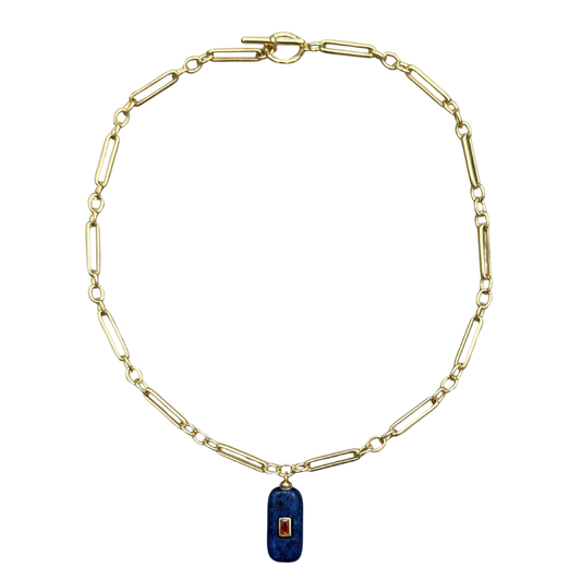 Rectangular Lapis Lazuli with Amber Cubic Zirconia Inlay Pendant Necklace