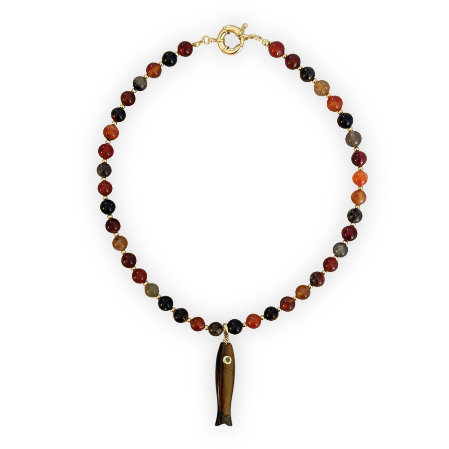 Red Fire Agate Necklace and Tiger's Eye Fish Clip-On Charm