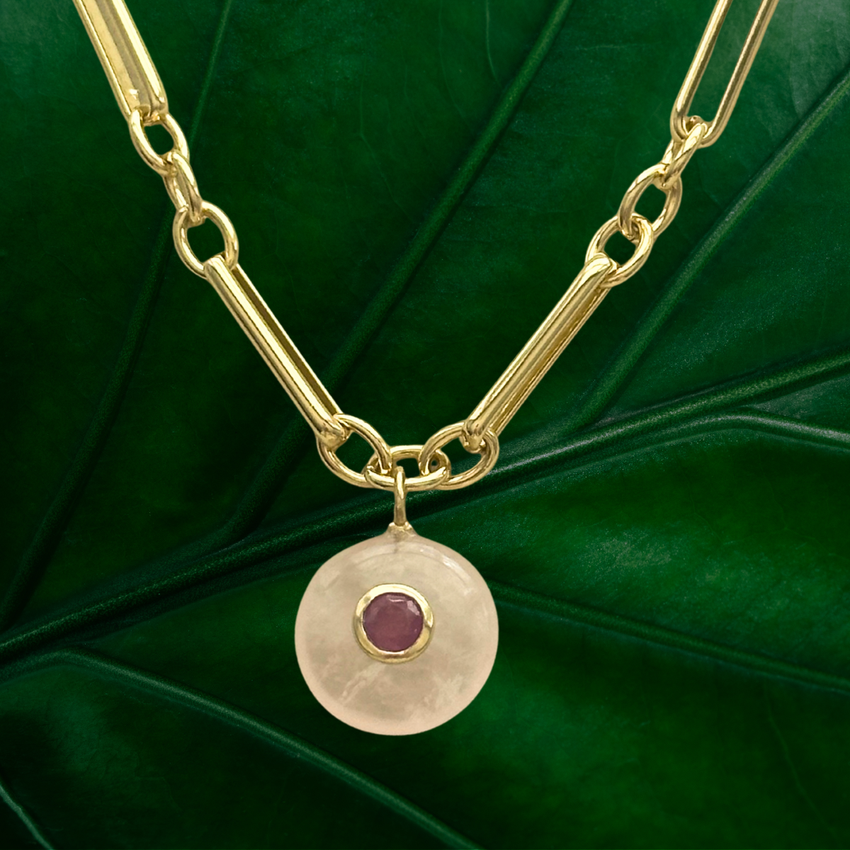 Rose Quartz with Pink Sapphire Inlay Pendant Necklace