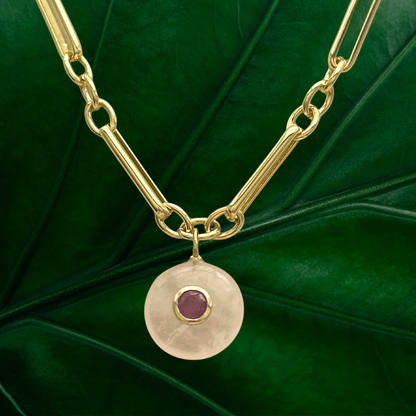 Rose Quartz with Pink Sapphire Inlay Pendant Necklace