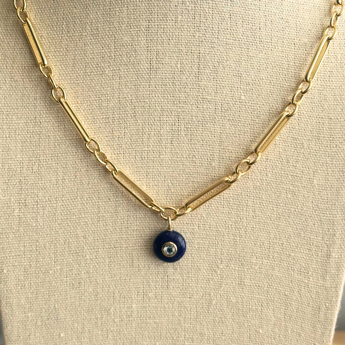 Round Lapis Lazuli with Blue Topaz Inlay Pendant Necklace