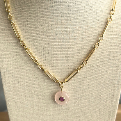 Rose Quartz with Pink Sapphire Inlay Pendant Necklace