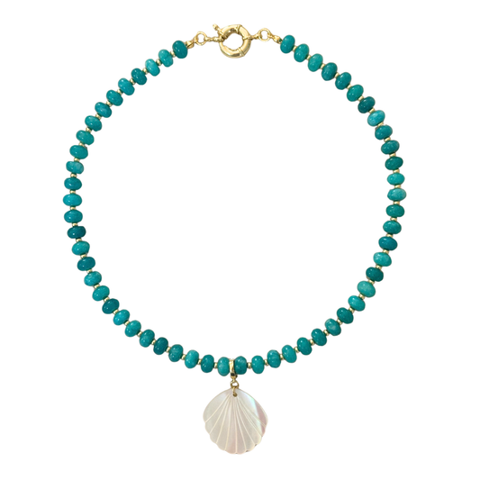 Turquoise Beaded Stone Necklace + Mother of Pearl Shell Clip-On Charm