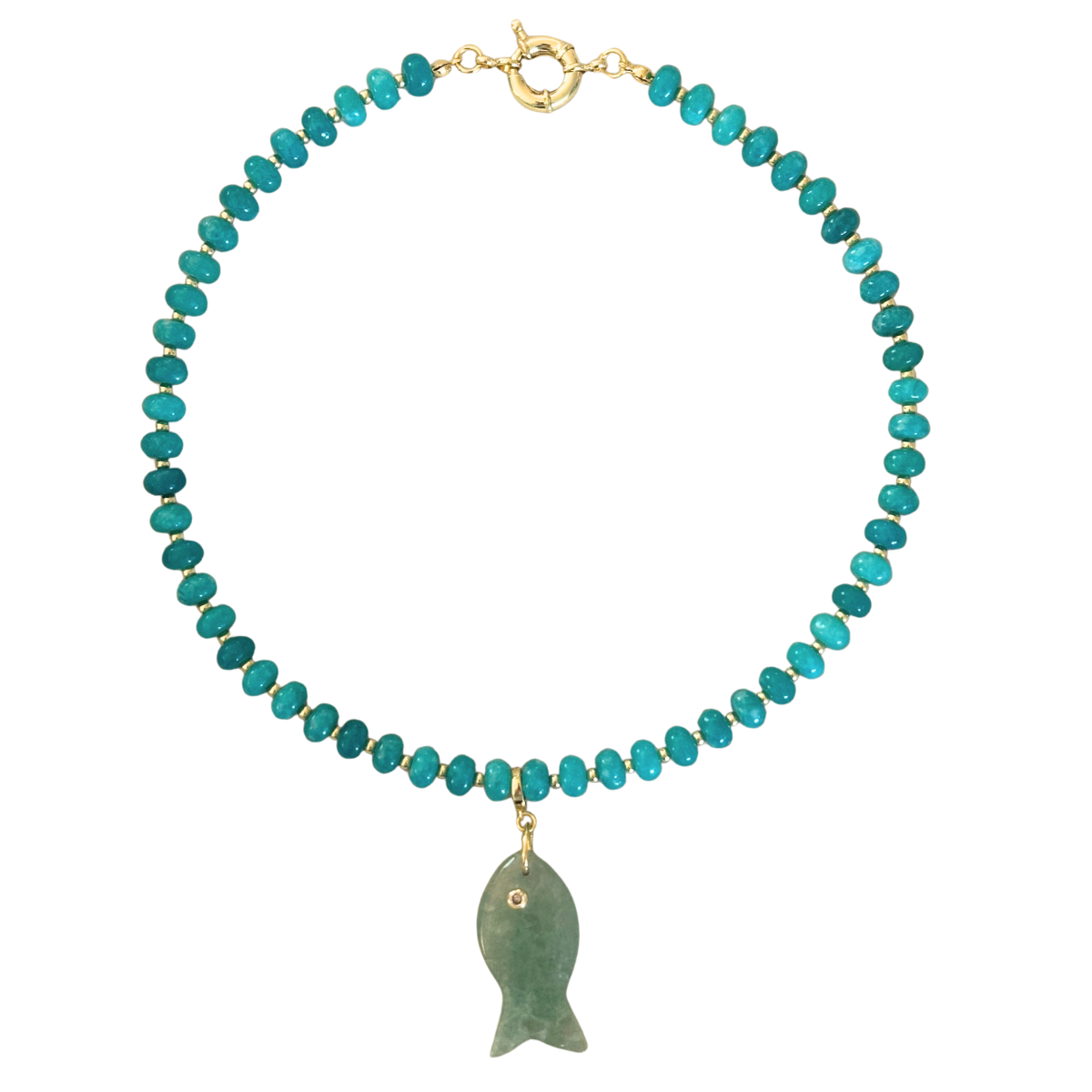 Turquoise Beaded Stone Necklace + Green Agate Fish Clip-On Charm