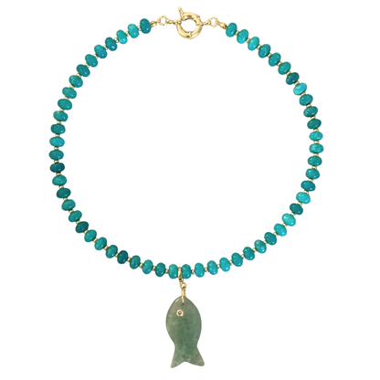 Turquoise Beaded Stone Necklace + Green Agate Fish Clip-On Charm