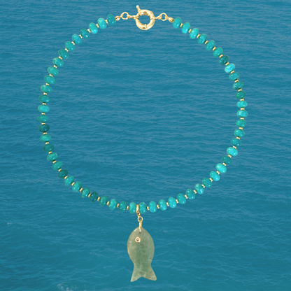 Turquoise Beaded Stone Necklace + Green Agate Fish Clip-On Charm