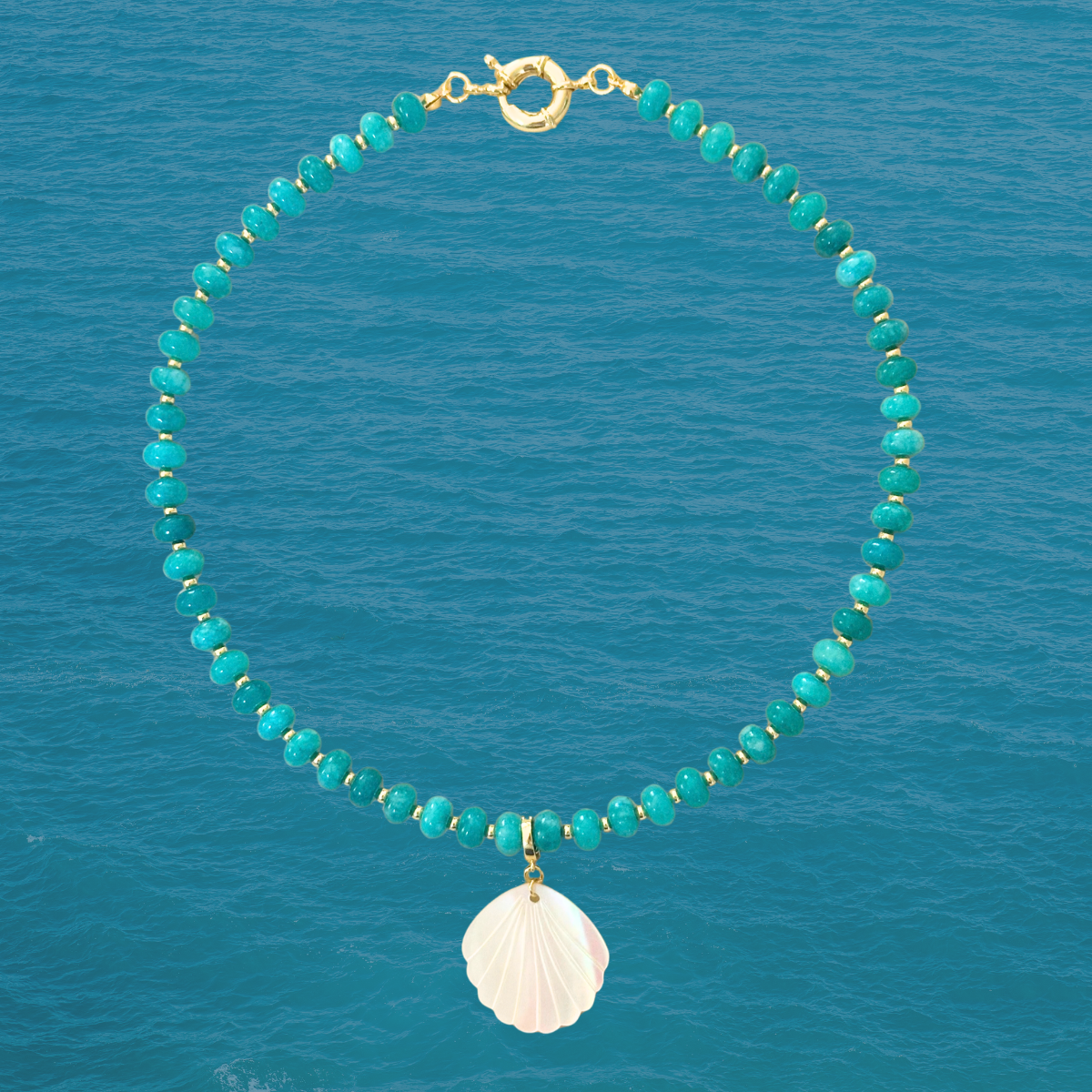 Turquoise Beaded Stone Necklace + Mother of Pearl Shell Clip-On Charm