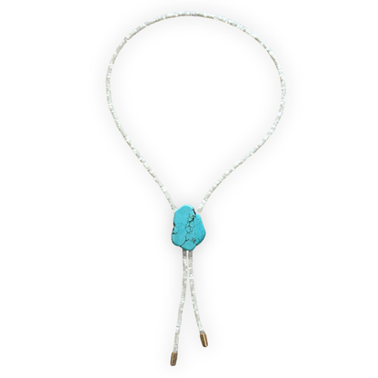 Natural White Shell and Turquoise Beaded Bolo Tie Necklace